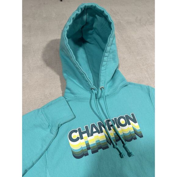 Champion Reverse‎ Weave Hoodie Small Turquoise Blue Green Spell Out Fleece Logo - Picture 1 of 7